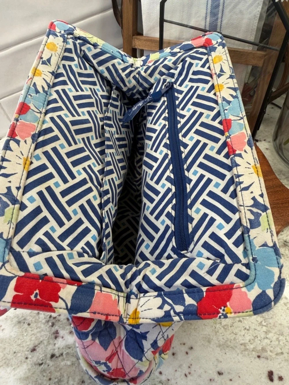 Vera Bradley Blue Floral Quilted Frame Bag with Pink & Red Accents